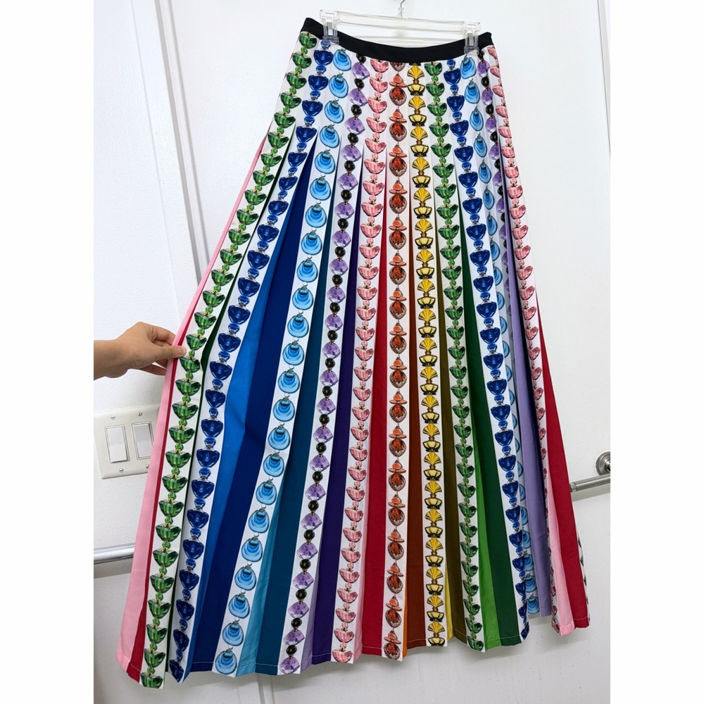 Mary Katrantzou Nyx Perfume Bottle Print Rainbow Stripe Pleated Maxi Skirt US 6 - Picture 5 of 16